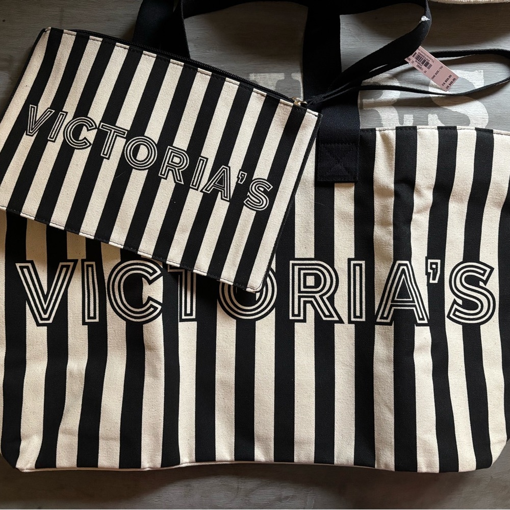 Victoria’s Secret Black and Cream Striped Tote Bag Set